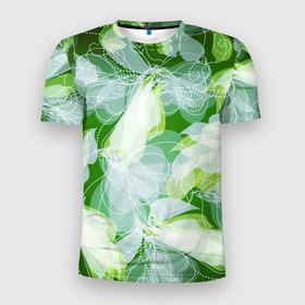 Мужская футболка 3D Slim с принтом Воздушное настроение в Белгороде, 100% полиэстер с улучшенными характеристиками | приталенный силуэт, круглая горловина, широкие плечи, сужается к линии бедра | белый | весна | воздушный | желтый | зеленый | лето | линии | лист | листок | листья | настроение | неон | плавное | полупрозрачное | полупрозрачный | природ  ное | природа | природный | прозрачное