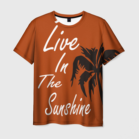 Мужская футболка 3D с принтом Live in the sunshine в Новосибирске, 100% полиэфир | прямой крой, круглый вырез горловины, длина до линии бедер | sunshine | лето | оранжевый | пальма | пляж | черный