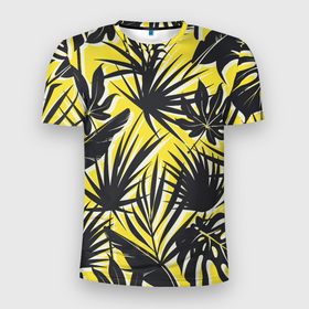 Мужская футболка 3D Slim с принтом Красочная Тропическая Листва в Белгороде, 100% полиэстер с улучшенными характеристиками | приталенный силуэт, круглая горловина, широкие плечи, сужается к линии бедра | jungles | palm | palm tree | summer | букет | деревья | джунгли | лето | листья | пальма | природа | растение | тропики | флора | чёрный