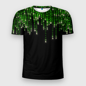 Мужская футболка 3D Slim с принтом Дождь Из Японских Иероглифов в Тюмени, 100% полиэстер с улучшенными характеристиками | приталенный силуэт, круглая горловина, широкие плечи, сужается к линии бедра | hieroglyphs | japan | matrix | rain | дождь | иероглифы | матрица | японский