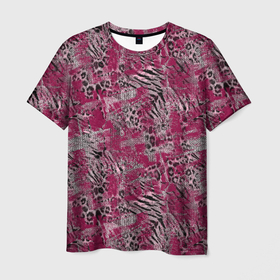 Мужская футболка 3D с принтом Тигровый леопардовый  гранж в Тюмени, 100% полиэфир | прямой крой, круглый вырез горловины, длина до линии бедер | abstract | grunge | leopard | leopard skin | spott | striped | teaser skin | tiger | абстрактный | бордовый | вишневый | гранжевый | леопардовый | полосатый | пятнистый | текстурированный | тигровый | черный