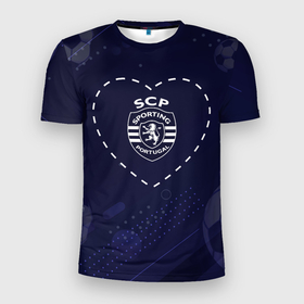 Мужская футболка 3D Slim с принтом Лого Sporting в сердечке на фоне мячей в Петрозаводске, 100% полиэстер с улучшенными характеристиками | приталенный силуэт, круглая горловина, широкие плечи, сужается к линии бедра | 