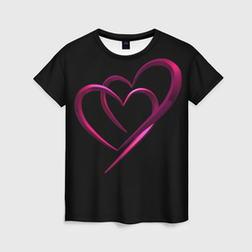 Женская футболка 3D с принтом Два перламутровых алых сердца на черном фоне в Новосибирске, 100% полиэфир ( синтетическое хлопкоподобное полотно) | прямой крой, круглый вырез горловины, длина до линии бедер | 