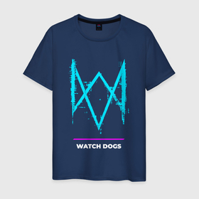 Мужская футболка хлопок с принтом Символ Watch Dogs в неоновых цветах в Новосибирске, 100% хлопок | прямой крой, круглый вырез горловины, длина до линии бедер, слегка спущенное плечо. | 