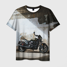 Мужская футболка 3D с принтом Мотобайк в луче света в Белгороде, 100% полиэфир | прямой крой, круглый вырез горловины, длина до линии бедер | байк | вечер | город | закат | коричневый | луч | мото | мотобайк | мотоцикл | свет