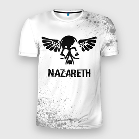Мужская футболка 3D Slim с принтом Nazareth Glitch на светлом фоне в Новосибирске, 100% полиэстер с улучшенными характеристиками | приталенный силуэт, круглая горловина, широкие плечи, сужается к линии бедра | band | glitch | metal | nazareth | rock | группа | краска | краски | метал | назарет | рок | хард