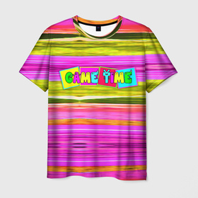 Мужская футболка 3D с принтом Game time Абстрактный полосатый узор в Курске, 100% полиэфир | прямой крой, круглый вырез горловины, длина до линии бедер | Тематика изображения на принте: abstract stripes | stripes | абстрактные полосы | буквы | время игры | зеленый | игра | красный | текст