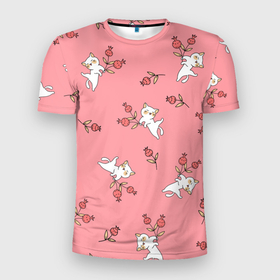 Мужская футболка 3D Slim с принтом Каваи с цветком в Кировске, 100% полиэстер с улучшенными характеристиками | приталенный силуэт, круглая горловина, широкие плечи, сужается к линии бедра | cat | котенок | котики | коты | кошки