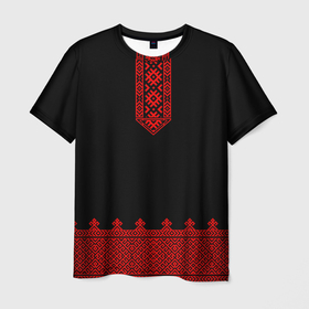Мужская футболка 3D с принтом Черная славянская рубаха в Тюмени, 100% полиэфир | прямой крой, круглый вырез горловины, длина до линии бедер | гжель | рубаха | русский орнамент | русский стиль | русь | славяне | славянская рубаха | узор | хохлома