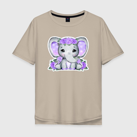 Мужская футболка хлопок Oversize с принтом Милая слониха в цветах в Тюмени, 100% хлопок | свободный крой, круглый ворот, “спинка” длиннее передней части | слон | слон в цветах | слоненок | слониха | цветы
