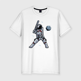 Мужская футболка хлопок Slim с принтом Космонавт играет в бейсбол планетой в Петрозаводске, 92% хлопок, 8% лайкра | приталенный силуэт, круглый вырез ворота, длина до линии бедра, короткий рукав | бейсбол | игра с мячом | космонавт | космос | планеты