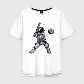 Мужская футболка хлопок Oversize с принтом Космонавт играет в бейсбол планетой в Екатеринбурге, 100% хлопок | свободный крой, круглый ворот, “спинка” длиннее передней части | Тематика изображения на принте: бейсбол | игра с мячом | космонавт | космос | планеты