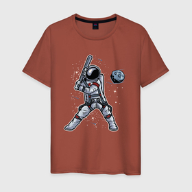 Мужская футболка хлопок с принтом Космонавт играет в бейсбол планетой в Новосибирске, 100% хлопок | прямой крой, круглый вырез горловины, длина до линии бедер, слегка спущенное плечо. | бейсбол | игра с мячом | космонавт | космос | планеты