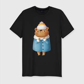 Мужская футболка хлопок Slim с принтом Медведица в шубке в Новосибирске, 92% хлопок, 8% лайкра | приталенный силуэт, круглый вырез ворота, длина до линии бедра, короткий рукав | медведица | медведица в шубке | медведь | медвежонок | шуба