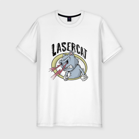 Мужская футболка хлопок Slim с принтом LaserCat в Новосибирске, 92% хлопок, 8% лайкра | приталенный силуэт, круглый вырез ворота, длина до линии бедра, короткий рукав | lasercat | арт | глаза | кот | лазер | лазеркот | надпись | ретро