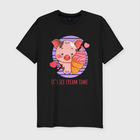 Мужская футболка хлопок Slim с принтом Время мороженого в Тюмени, 92% хлопок, 8% лайкра | приталенный силуэт, круглый вырез ворота, длина до линии бедра, короткий рукав | жара | жарко | лето | мороженое | поросенок | свинка | свинья