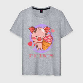 Мужская футболка хлопок с принтом Время мороженого в Белгороде, 100% хлопок | прямой крой, круглый вырез горловины, длина до линии бедер, слегка спущенное плечо. | жара | жарко | лето | мороженое | поросенок | свинка | свинья