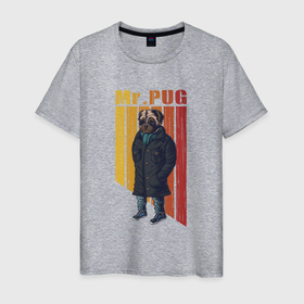 Мужская футболка хлопок с принтом Мистер  мопс в Кировске, 100% хлопок | прямой крой, круглый вырез горловины, длина до линии бедер, слегка спущенное плечо. | pug | мистер | мопс | мопс в пальто | пес | пес в пальто | собака
