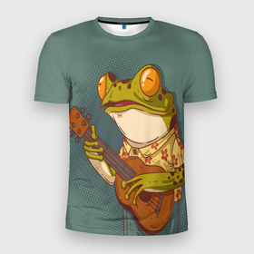 Мужская футболка 3D Slim с принтом Лягуха музыкант в Тюмени, 100% полиэстер с улучшенными характеристиками | приталенный силуэт, круглая горловина, широкие плечи, сужается к линии бедра | frog | гитара | жаба | животные | лягуха | лягушка | музыкант