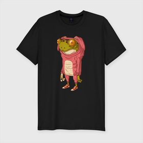 Мужская футболка хлопок Slim с принтом Лягушка в костюме зайчика в Тюмени, 92% хлопок, 8% лайкра | приталенный силуэт, круглый вырез ворота, длина до линии бедра, короткий рукав | Тематика изображения на принте: жаба | животное | зайчик | костюм зайца | лягуха | лягушка
