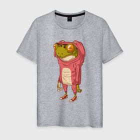 Мужская футболка хлопок с принтом Лягушка в костюме зайчика в Тюмени, 100% хлопок | прямой крой, круглый вырез горловины, длина до линии бедер, слегка спущенное плечо. | Тематика изображения на принте: жаба | животное | зайчик | костюм зайца | лягуха | лягушка