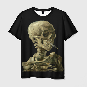 Мужская футболка 3D с принтом Череп с горящей сигаретой в Тюмени, 100% полиэфир | прямой крой, круглый вырез горловины, длина до линии бедер | в топе | в тренде | ван гог | искусство | череп