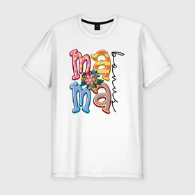 Мужская футболка хлопок Slim с принтом Мама   буквы с цветочком в Белгороде, 92% хлопок, 8% лайкра | приталенный силуэт, круглый вырез ворота, длина до линии бедра, короткий рукав | 