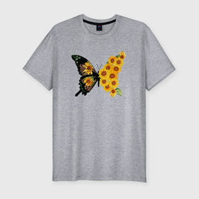 Мужская футболка хлопок Slim с принтом Черно желтая бабочка из подсолнухов в Курске, 92% хлопок, 8% лайкра | приталенный силуэт, круглый вырез ворота, длина до линии бедра, короткий рукав | бабочка | подсолнух | подсолнухи | семечки | цветы | черно желтая бабочка