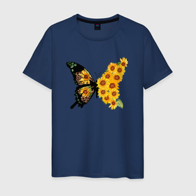 Мужская футболка хлопок с принтом Черно желтая бабочка из подсолнухов в Петрозаводске, 100% хлопок | прямой крой, круглый вырез горловины, длина до линии бедер, слегка спущенное плечо. | бабочка | подсолнух | подсолнухи | семечки | цветы | черно желтая бабочка
