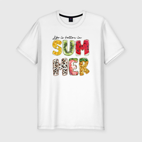 Мужская футболка хлопок Slim с принтом Summer буквы из фруктов в Курске, 92% хлопок, 8% лайкра | приталенный силуэт, круглый вырез ворота, длина до линии бедра, короткий рукав | summer | жара | летний | лето | свежесть | фрукты