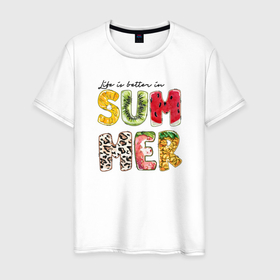 Мужская футболка хлопок с принтом Summer буквы из фруктов в Белгороде, 100% хлопок | прямой крой, круглый вырез горловины, длина до линии бедер, слегка спущенное плечо. | summer | жара | летний | лето | свежесть | фрукты