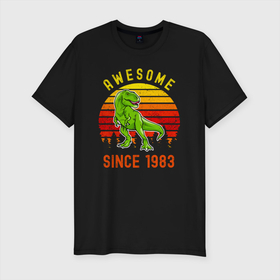 Мужская футболка хлопок Slim с принтом Потрясающий динозавр с 1983 года в Санкт-Петербурге, 92% хлопок, 8% лайкра | приталенный силуэт, круглый вырез ворота, длина до линии бедра, короткий рукав | 