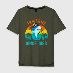 Мужская футболка хлопок Oversize с принтом Прикольный с 1983 (акула пират) в Белгороде, 100% хлопок | свободный крой, круглый ворот, “спинка” длиннее передней части | 