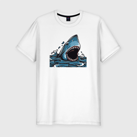 Мужская футболка хлопок Slim с принтом Акула арт в Санкт-Петербурге, 92% хлопок, 8% лайкра | приталенный силуэт, круглый вырез ворота, длина до линии бедра, короткий рукав | акула | арт | волны | принт | хищник