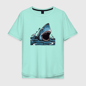 Мужская футболка хлопок Oversize с принтом Акула арт в Санкт-Петербурге, 100% хлопок | свободный крой, круглый ворот, “спинка” длиннее передней части | акула | арт | волны | принт | хищник