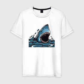 Мужская футболка хлопок с принтом Акула арт в Санкт-Петербурге, 100% хлопок | прямой крой, круглый вырез горловины, длина до линии бедер, слегка спущенное плечо. | акула | арт | волны | принт | хищник