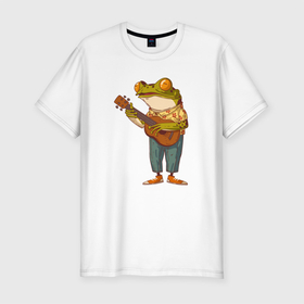 Мужская футболка хлопок Slim с принтом Лягуха гитарист в Кировске, 92% хлопок, 8% лайкра | приталенный силуэт, круглый вырез ворота, длина до линии бедра, короткий рукав | frog | гитара | жаба | лягуха | лягушка | музыкант