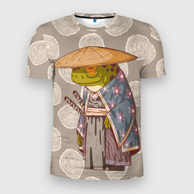 Мужская футболка 3D Slim с принтом Самурай лягушка воин в Тюмени, 100% полиэстер с улучшенными характеристиками | приталенный силуэт, круглая горловина, широкие плечи, сужается к линии бедра | Тематика изображения на принте: samurai | воин | жаба | лягушка | самурай