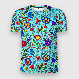 Мужская футболка 3D Slim с принтом FLOWER PALETTE в Новосибирске, 100% полиэстер с улучшенными характеристиками | приталенный силуэт, круглая горловина, широкие плечи, сужается к линии бедра | beautiful | blue | botanical | daisy | floral | green | leaves | nature | patt | pink | plants | spring | summer | watercolor | yellow | акварель | ботанический | весна | желтый | зеленый | красивый | лето | листья | маргаритка | природа | растения | розо