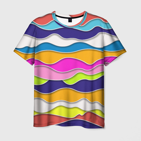 Мужская футболка 3D с принтом Разноцветные волны   Летний паттерн в Курске, 100% полиэфир | прямой крой, круглый вырез горловины, длина до линии бедер | abstraction | fashion | pattern | summer | wave | абстракция | волна | лето | мода | паттерн