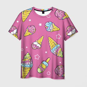 Мужская футболка 3D с принтом Разноцветное Мороженое Со Звёздочками в Курске, 100% полиэфир | прямой крой, круглый вырез горловины, длина до линии бедер | cold | dessert | ice | ice cream | multicoloured | star | звезда | лёд | мороженое | разноцветный | сладкое | холод