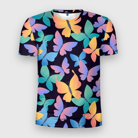 Мужская футболка 3D Slim с принтом Разноцветные Бабочки На Чёрном Фоне в Курске, 100% полиэстер с улучшенными характеристиками | приталенный силуэт, круглая горловина, широкие плечи, сужается к линии бедра | black | butterflies | insects | multicoloured | nature | бабочки | насекомые | природа | разноцветный | чёрный