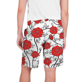 Мужские шорты 3D с принтом BEAUTIFUL RED ROSES в Санкт-Петербурге,  полиэстер 100% | прямой крой, два кармана без застежек по бокам. Мягкая трикотажная резинка на поясе, внутри которой широкие завязки. Длина чуть выше колен | Тематика изображения на принте: beautiful | black | colorful | floral | love | summer | watercolor | white | акварель | белый | красивый | красный | красочный | лето | любовь | розы | цветочный | черный