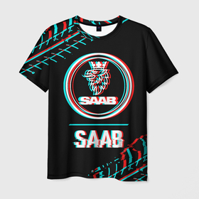 Мужская футболка 3D с принтом Значок Saab в стиле Glitch на темном фоне в Новосибирске, 100% полиэфир | прямой крой, круглый вырез горловины, длина до линии бедер | auto | brand | glitch | logo | saab | symbol | авто | бренд | глитч | градиент | значок | лого | сааб | символ