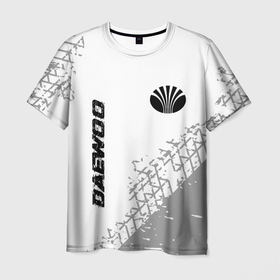Мужская футболка 3D с принтом Daewoo Speed на светлом фоне со следами шин , 100% полиэфир | прямой крой, круглый вырез горловины, длина до линии бедер | Тематика изображения на принте: auto | brand | daewoo | logo | speed | symbol | авто | бренд | дэу | лого | символ | следы | шины