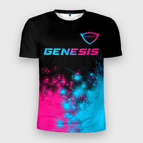 Мужская футболка 3D Slim с принтом Genesis Neon Gradient в Петрозаводске, 100% полиэстер с улучшенными характеристиками | приталенный силуэт, круглая горловина, широкие плечи, сужается к линии бедра | auto | brand | genesis | logo | symbol | авто | бренд | генезиз | генезис | генесис | градиент | краска | краски | лого | неон | символ