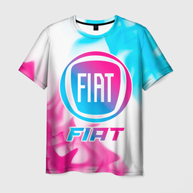 Мужская футболка 3D с принтом Fiat Neon Gradient в Курске, 100% полиэфир | прямой крой, круглый вырез горловины, длина до линии бедер | auto | brand | fiat | logo | symbol | авто | бренд | градиент | лого | неон | огонь | пламя | символ | фиат