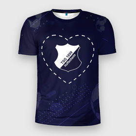 Мужская футболка 3D Slim с принтом Лого Hoffenheim в сердечке на фоне мячей в Новосибирске, 100% полиэстер с улучшенными характеристиками | приталенный силуэт, круглая горловина, широкие плечи, сужается к линии бедра | 