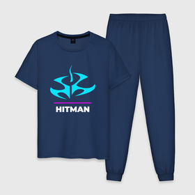 Мужская пижама хлопок с принтом Символ Hitman в неоновых цветах в Тюмени, 100% хлопок | брюки и футболка прямого кроя, без карманов, на брюках мягкая резинка на поясе и по низу штанин
 | 