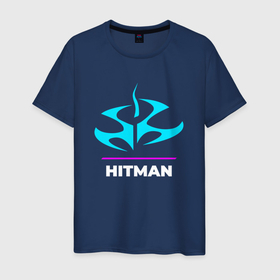 Мужская футболка хлопок с принтом Символ Hitman в неоновых цветах в Тюмени, 100% хлопок | прямой крой, круглый вырез горловины, длина до линии бедер, слегка спущенное плечо. | 